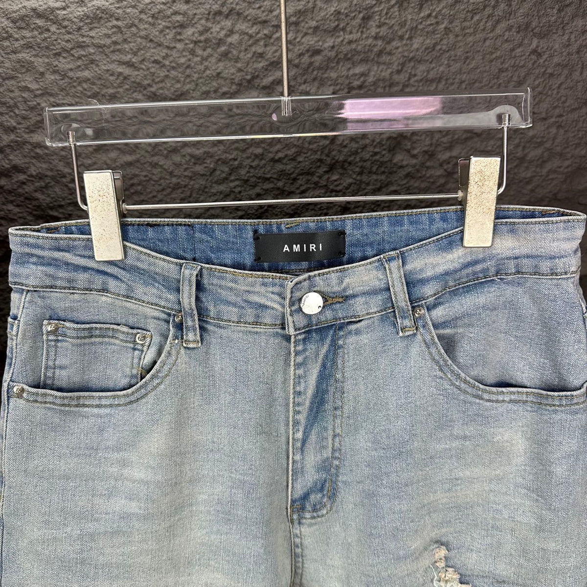 AMIRI White Ribbed Patch Distressed Slim‑Fit Denim Jeans