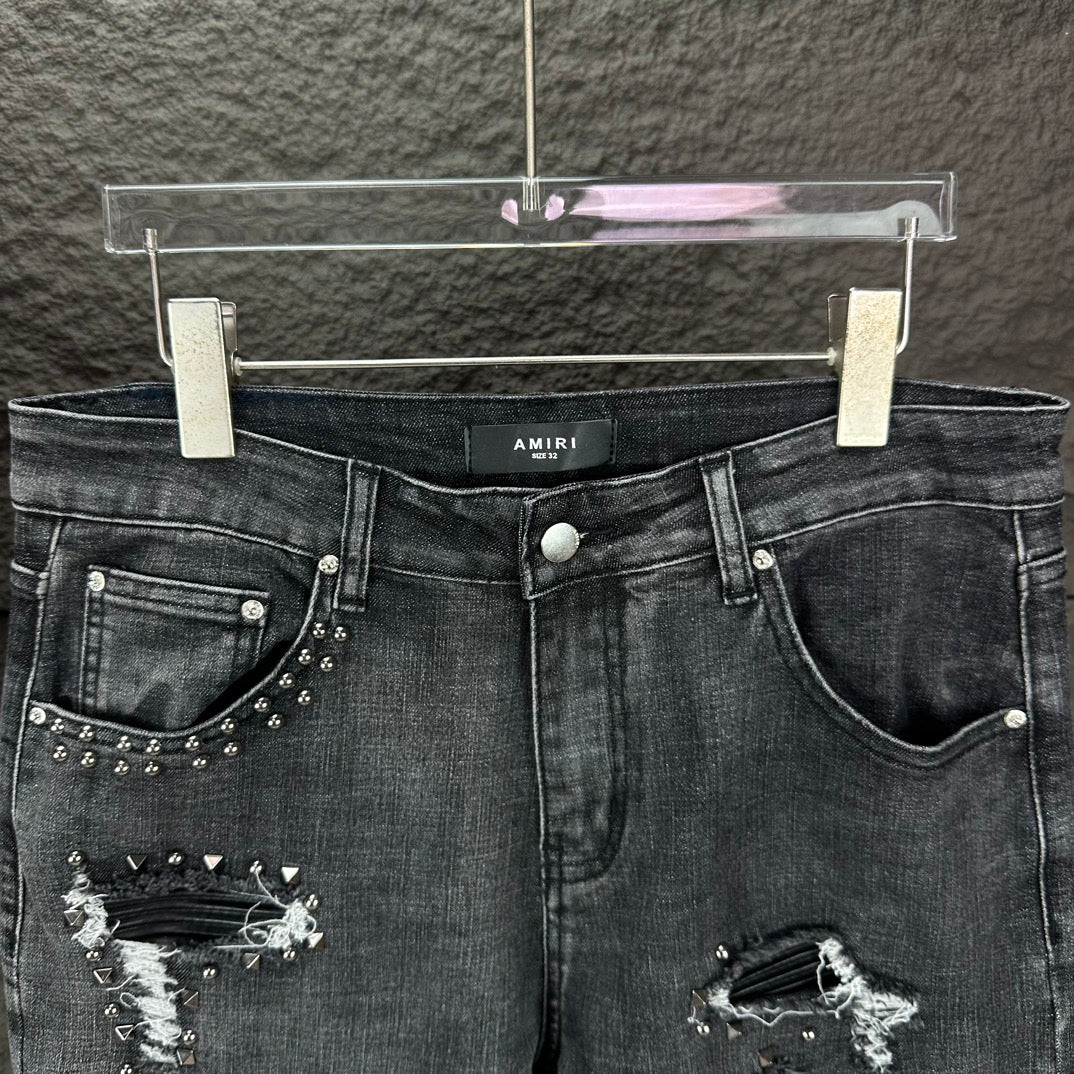 AMIRI Studded Multi‑Rip Distressed Slim‑Fit Denim Jeans