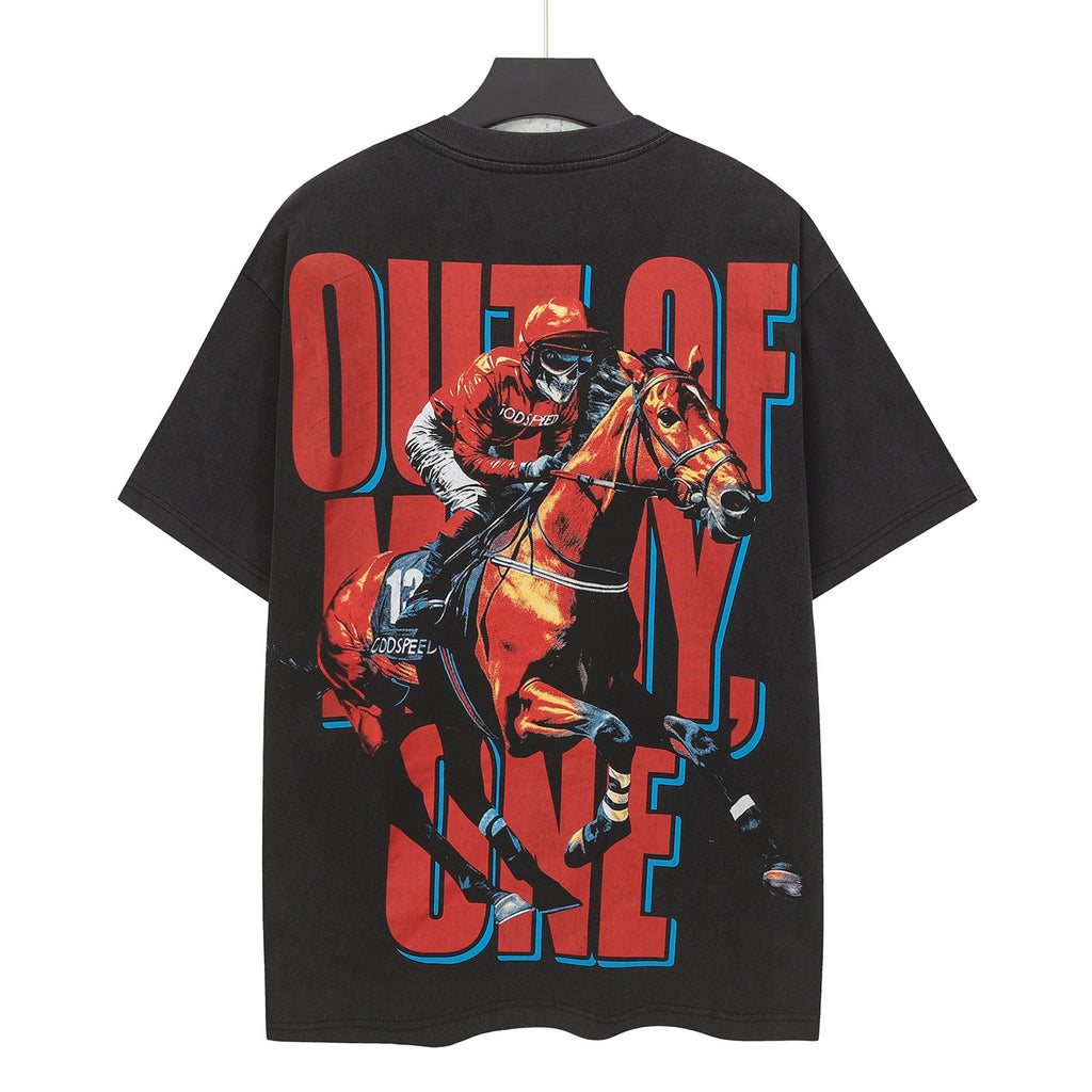 Godspeed Horse‑Racing Jockey Vintage Short‑Sleeve Tee (Washed Black)