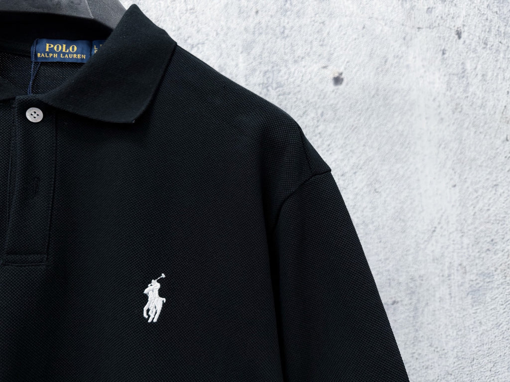Men's Pique Knit Short‑Sleeve Polo Shirt Small Horse Embroidery Solid Black Casual Top