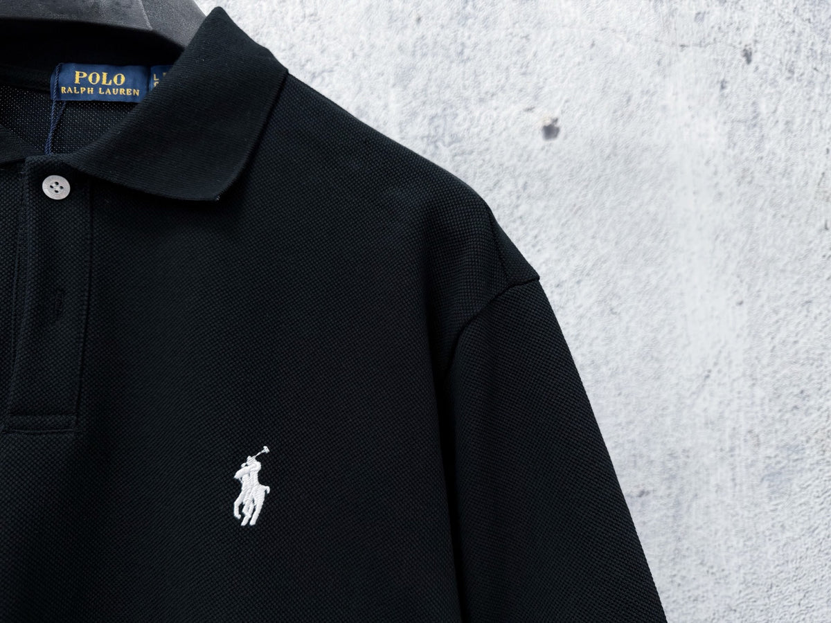 Men's Pique Knit Short‑Sleeve Polo Shirt Small Horse Embroidery Solid Black Casual Top