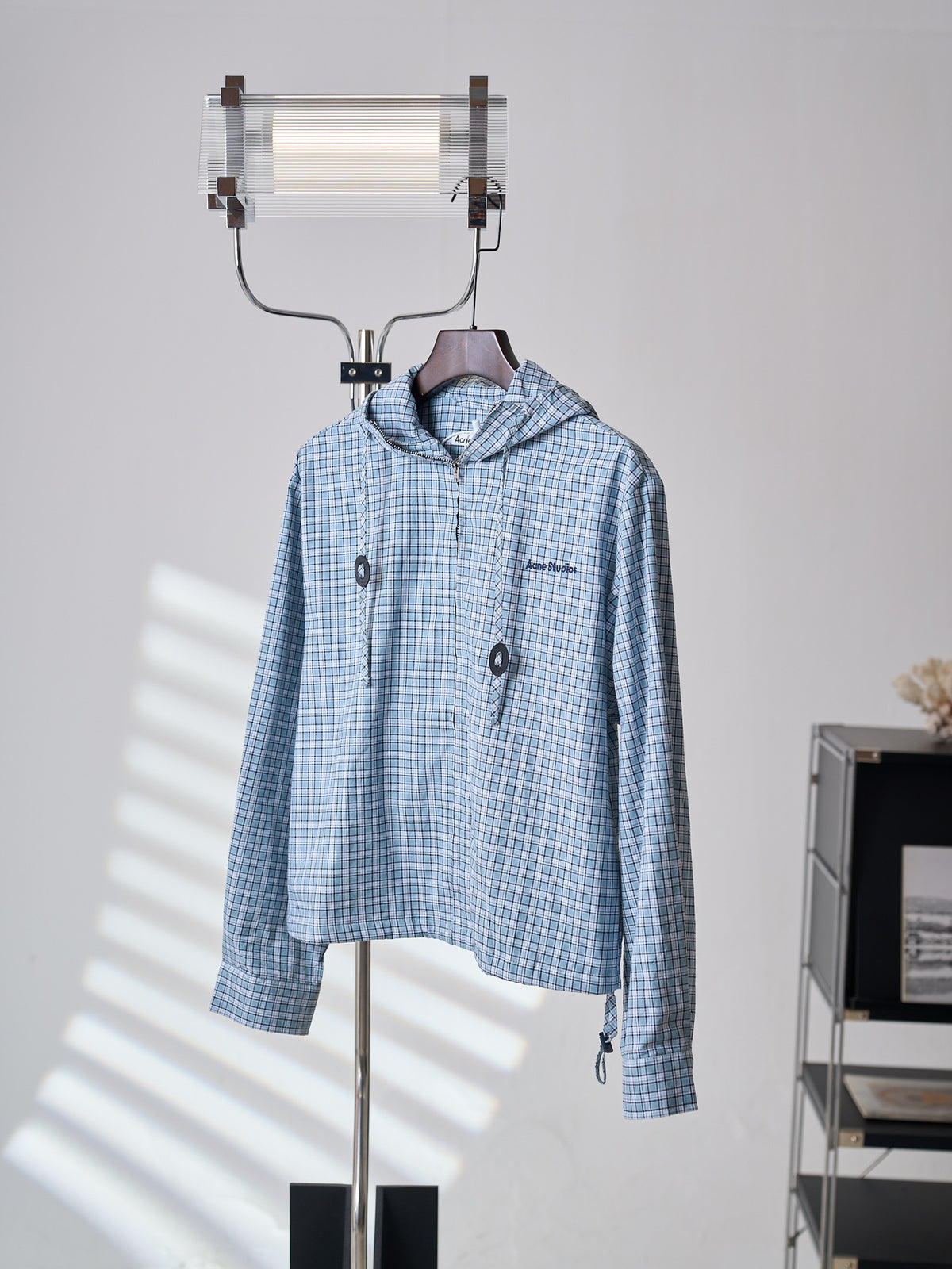 Acne Studios Blue Gingham Zip‑Up Hooded Jacket