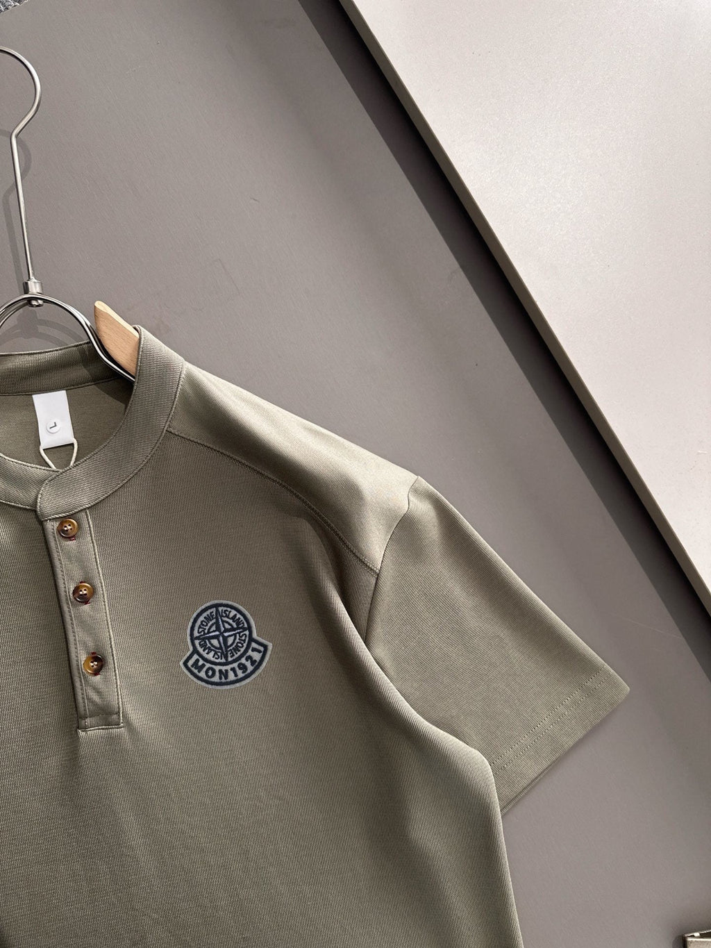 Moncler x Stone Island Structured Twill Henley-Collar Short Sleeve Top with Embroidered Compass Badge