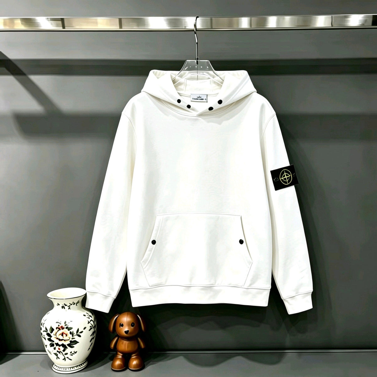 Stone Island Compass Badge Snap-Detail Pullover Hoodie Sweatshirt