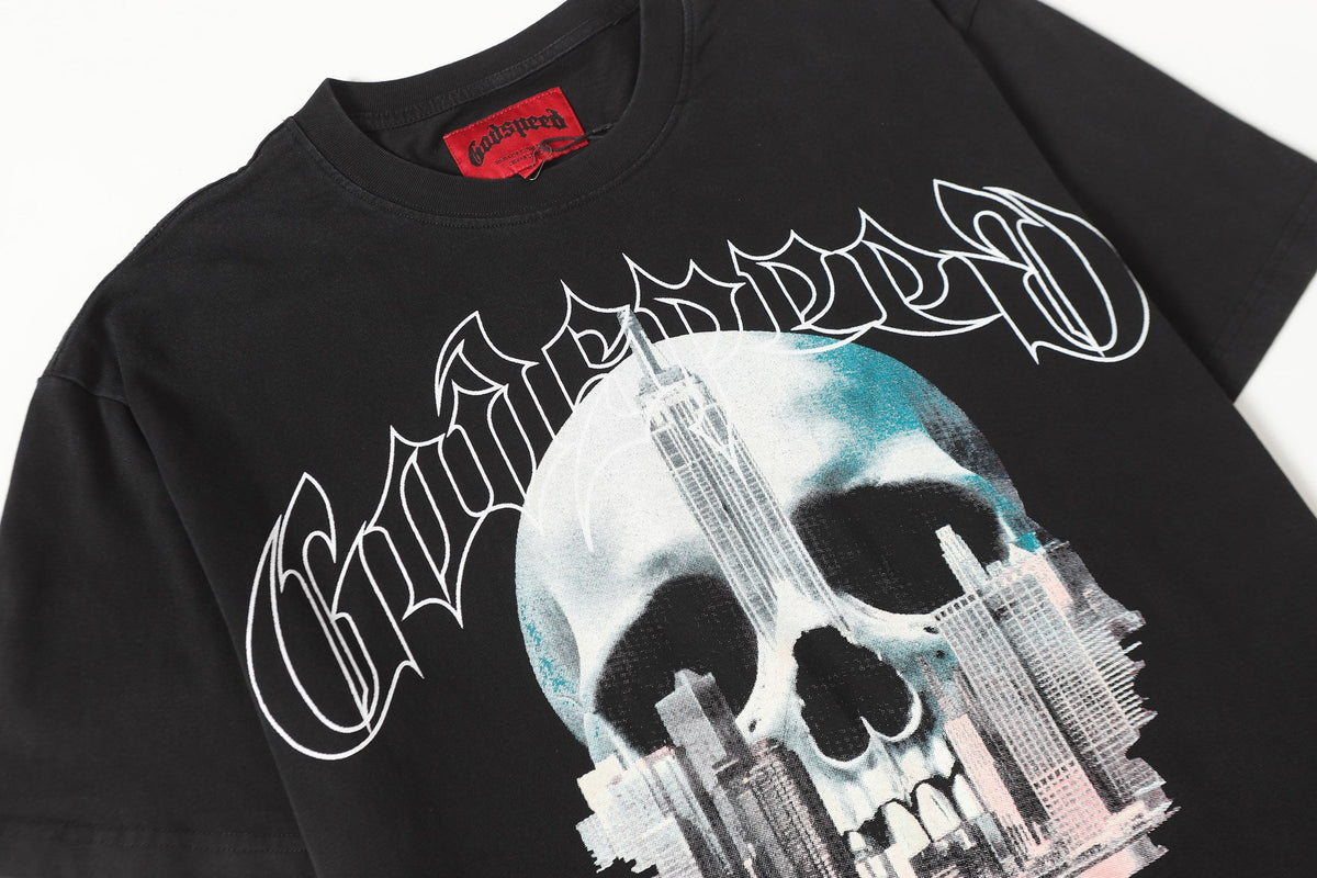 Godspeed NYC Skull Skyline Vintage Graphic Tee
