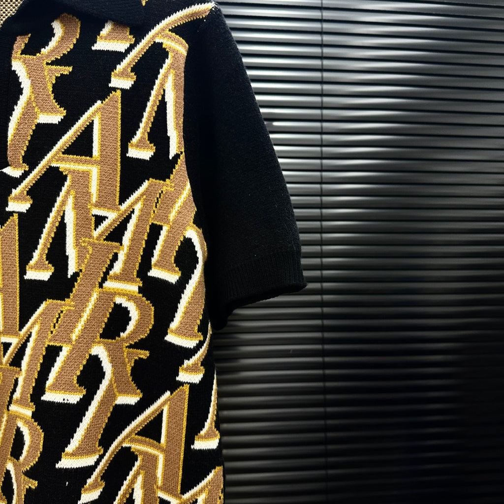 AMIRI All‑Over Letter Jacquard Short‑Sleeve Knit Polo Shirt
