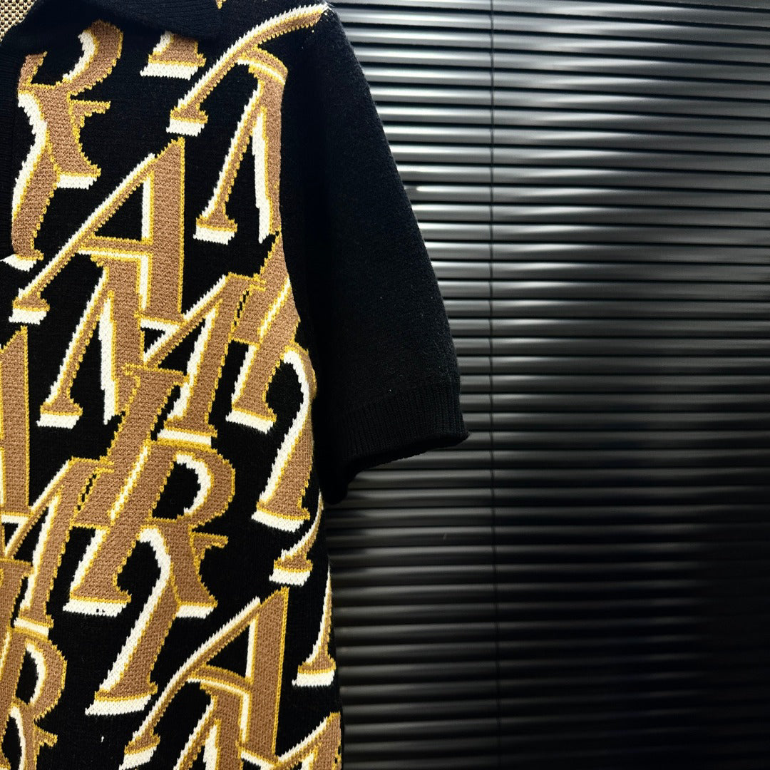 AMIRI All‑Over Letter Jacquard Short‑Sleeve Knit Polo Shirt