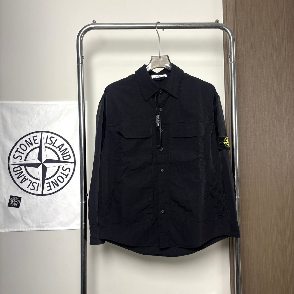 Stone Island Crinkle Nylon Overshirt with Flap Chest Pockets and Compass Badge