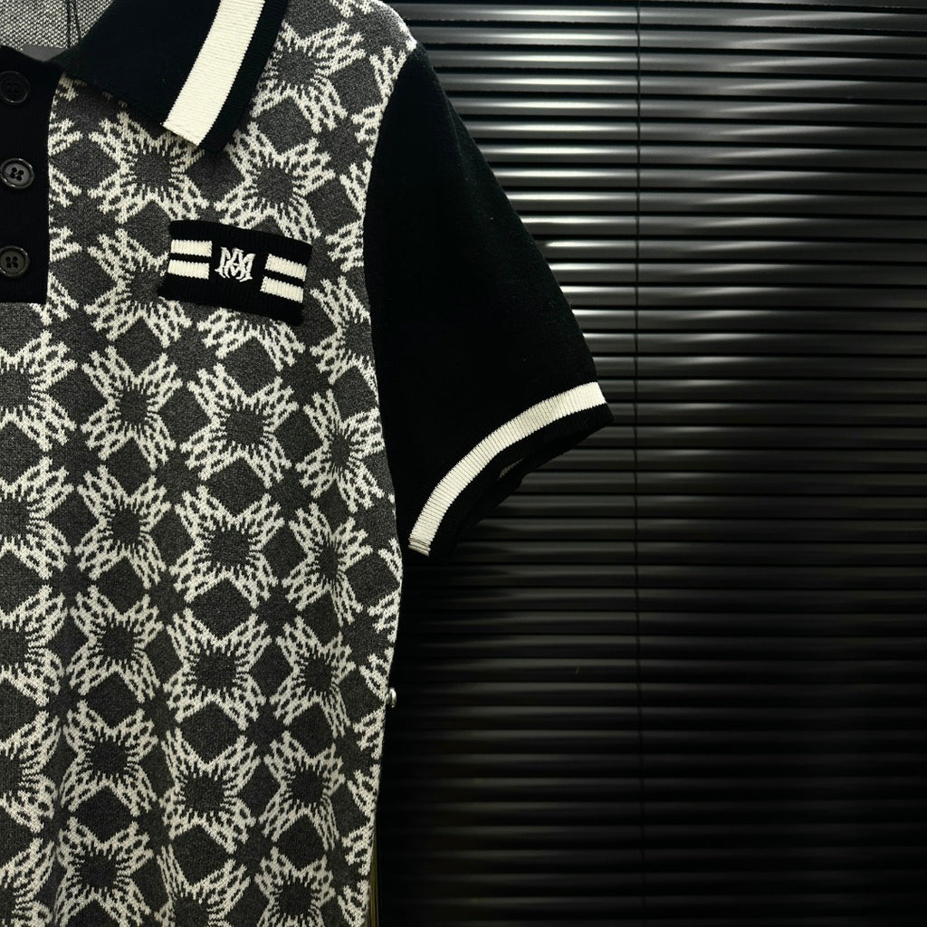 AMIRI Geometric Jacquard Color‑Block Short‑Sleeve Knit Polo Shirt
