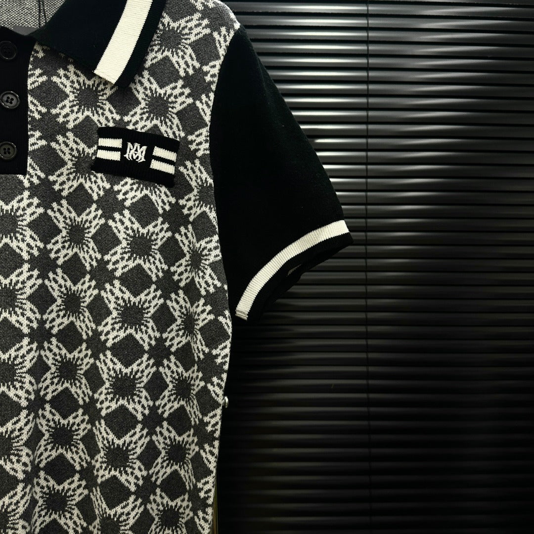 AMIRI Geometric Jacquard Color‑Block Short‑Sleeve Knit Polo Shirt