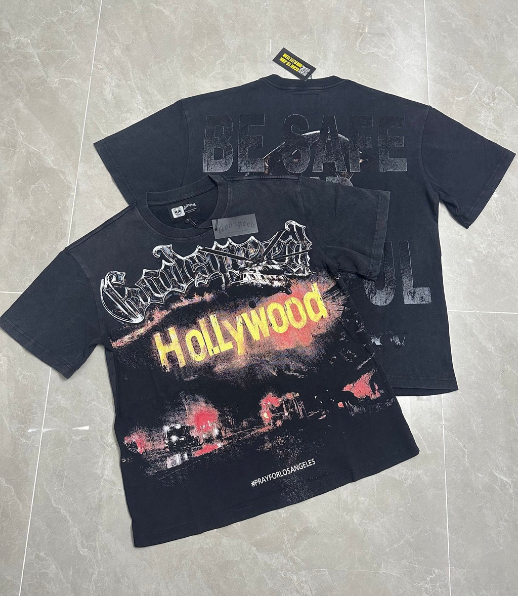 Godspeed Hollywood Pray For Los‑Angeles Vintage Short‑Sleeve Tee (Washed Black)