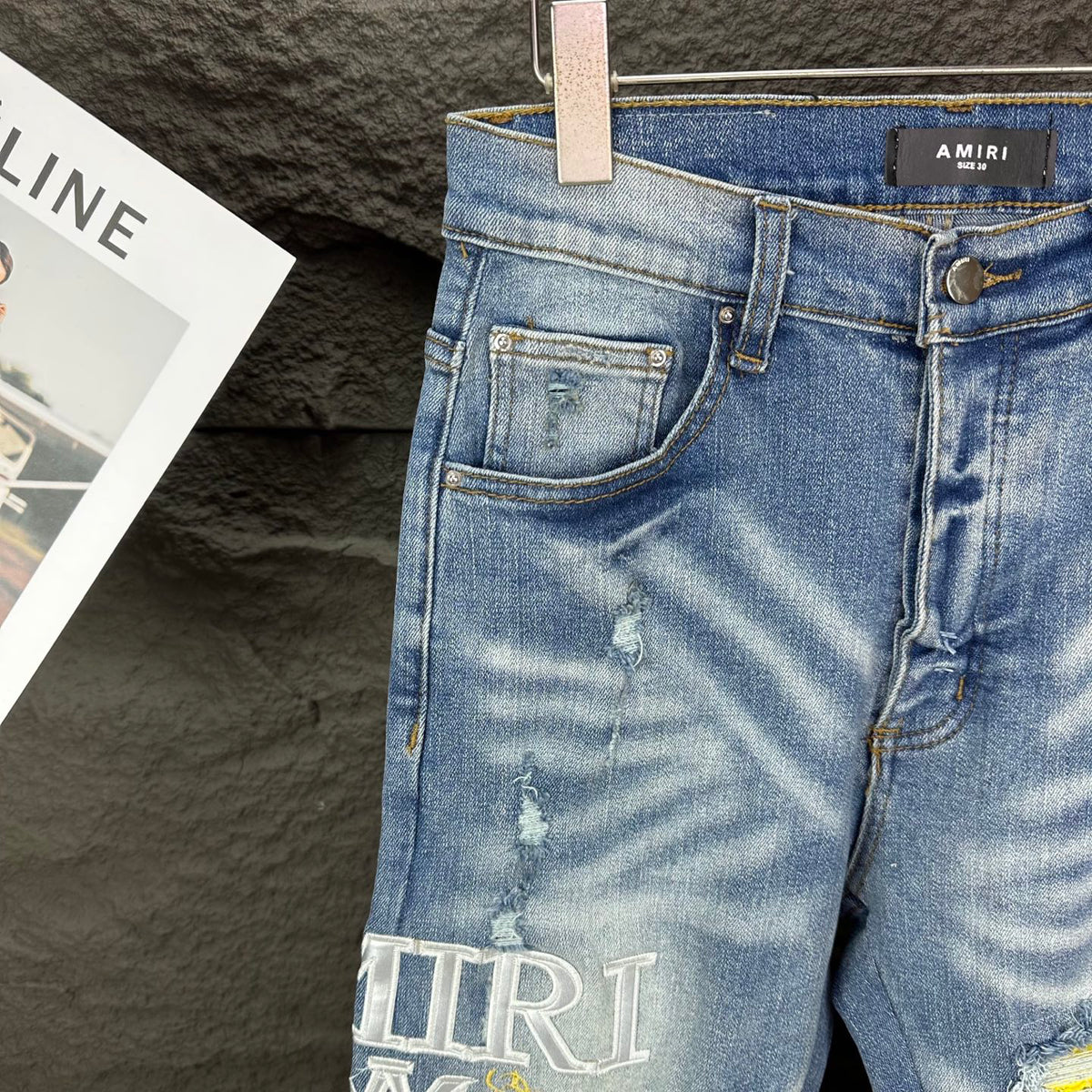 AMIRI Yellow Patch Distressed Printed Slim‑Fit Denim Jeans