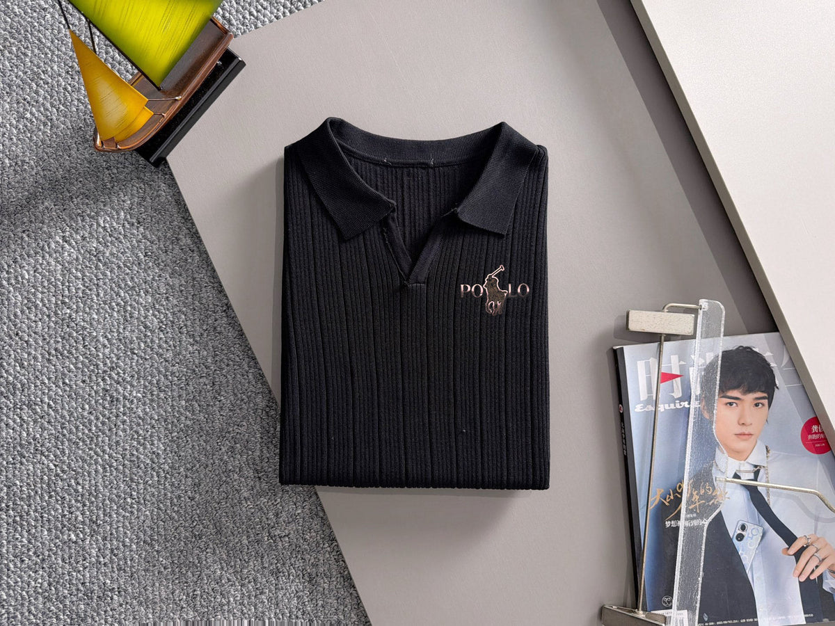 Men's Vertical Ribbed Knit Short‑Sleeve Polo Shirt Open V‑Collar Chest Embroidery Top