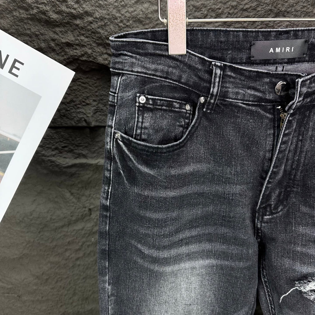 AMIRI White Ribbed Patch Distressed Slim‑Fit Denim Jeans