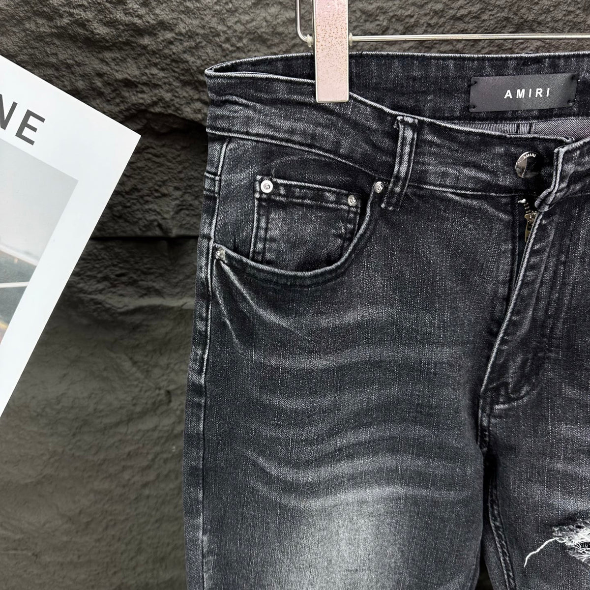 AMIRI White Ribbed Patch Distressed Slim‑Fit Denim Jeans