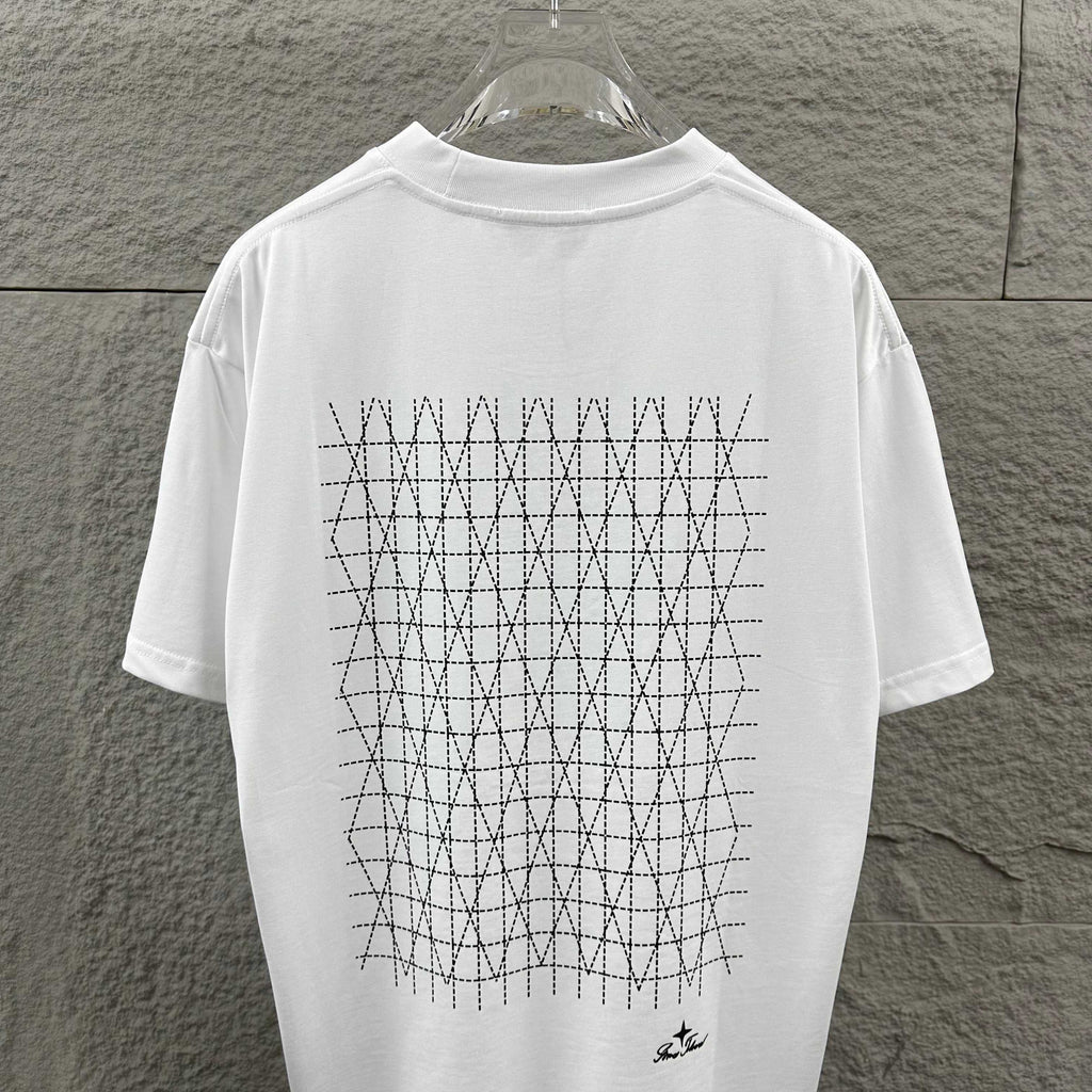 Stone Island Script Logo Embroidery T-Shirt with Dashed Geometric Lattice Back Print