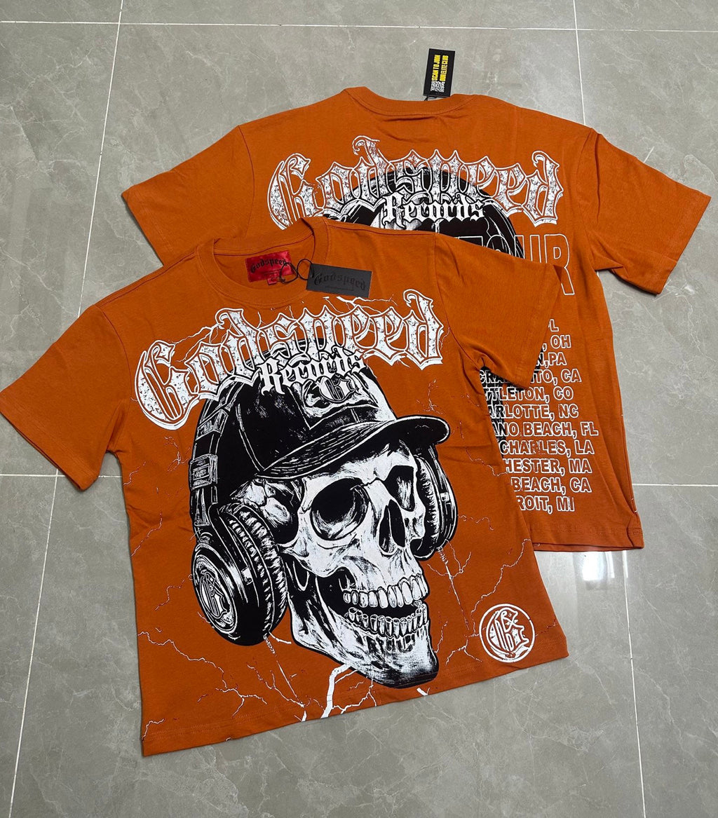 Godspeed Records Headphone Skull Short Sleeve Tee (Rust Orange)
