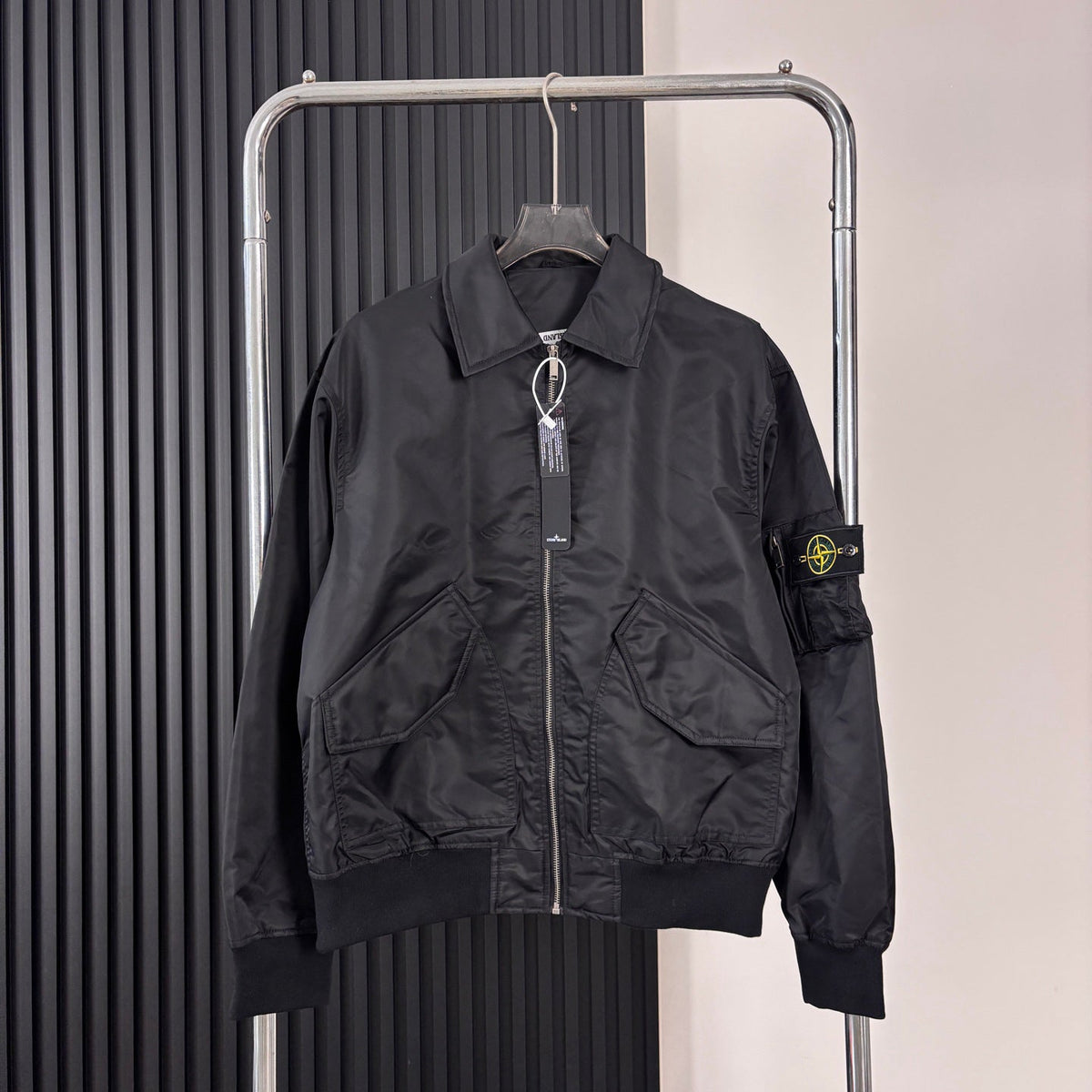 Stone Island Nylon Bomber Jacket with Point Collar and Compass Badge