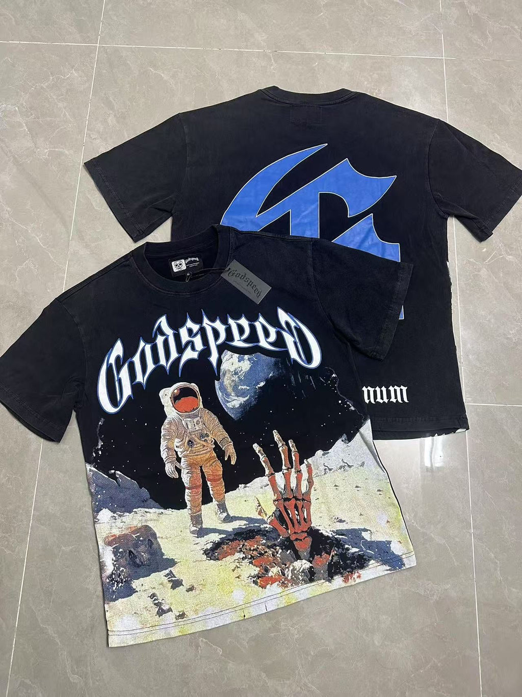 Godspeed Astronaut Skeleton Moon Landing Short Sleeve Tee (Washed Black)