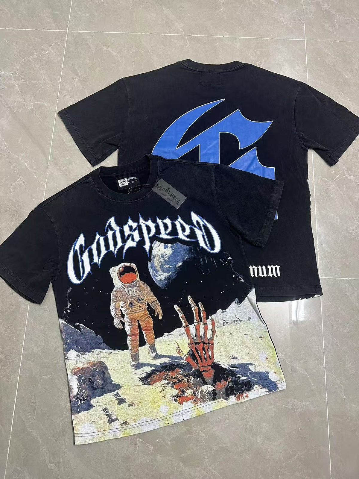 Godspeed Astronaut Skeleton Moon Landing Short Sleeve Tee (Washed Black)
