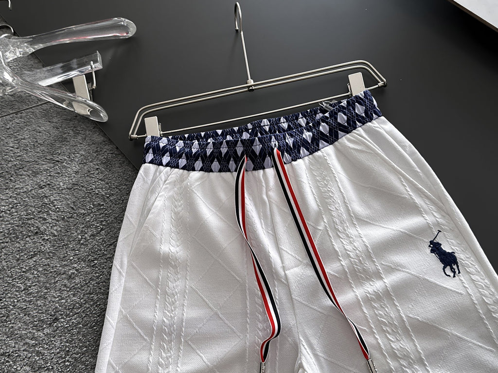 Men's Jacquard Textured Casual Shorts, Geometric Trim Waist & Hem, Rider Embroidery Drawstring Shorts