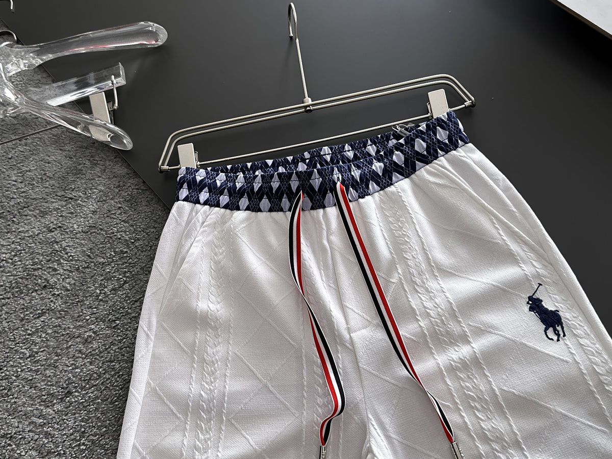 Men's Jacquard Textured Casual Shorts, Geometric Trim Waist & Hem, Rider Embroidery Drawstring Shorts