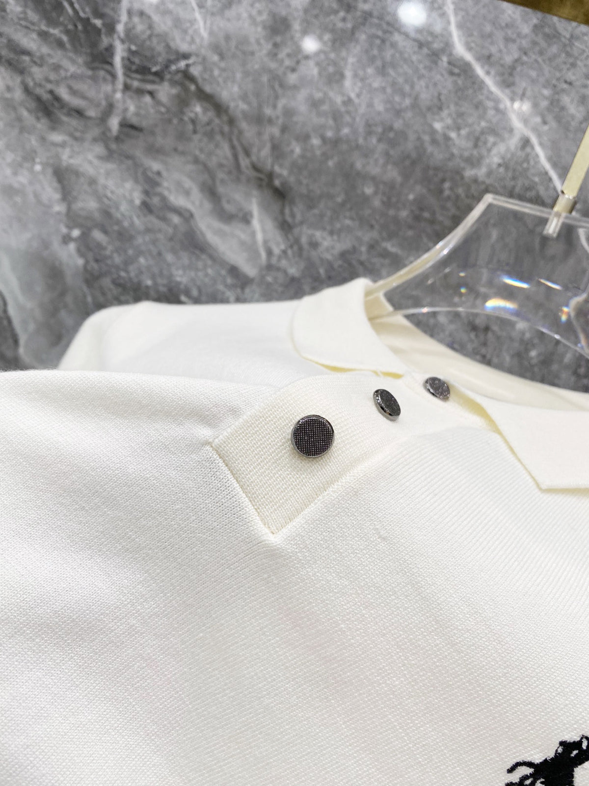 Men's Pique Knit Short‑Sleeve Polo Shirt Small Horse Embroidery Solid Cream Casual Top