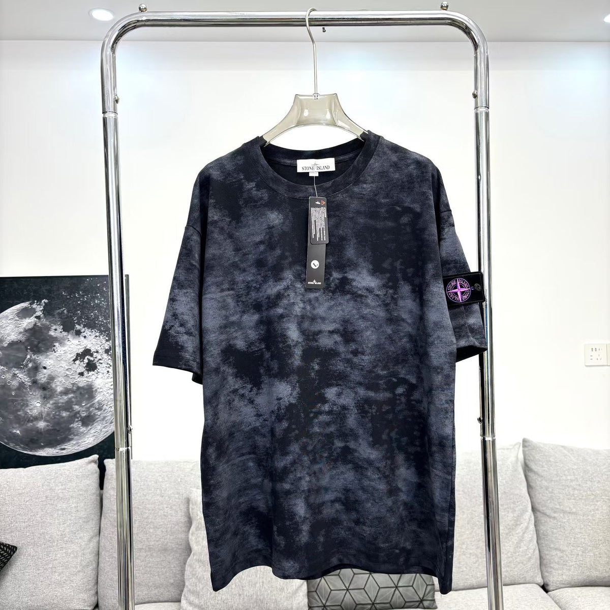 Stone Island Garment-Washed Cloud Pattern Oversized Cotton Tee with Compass Badge