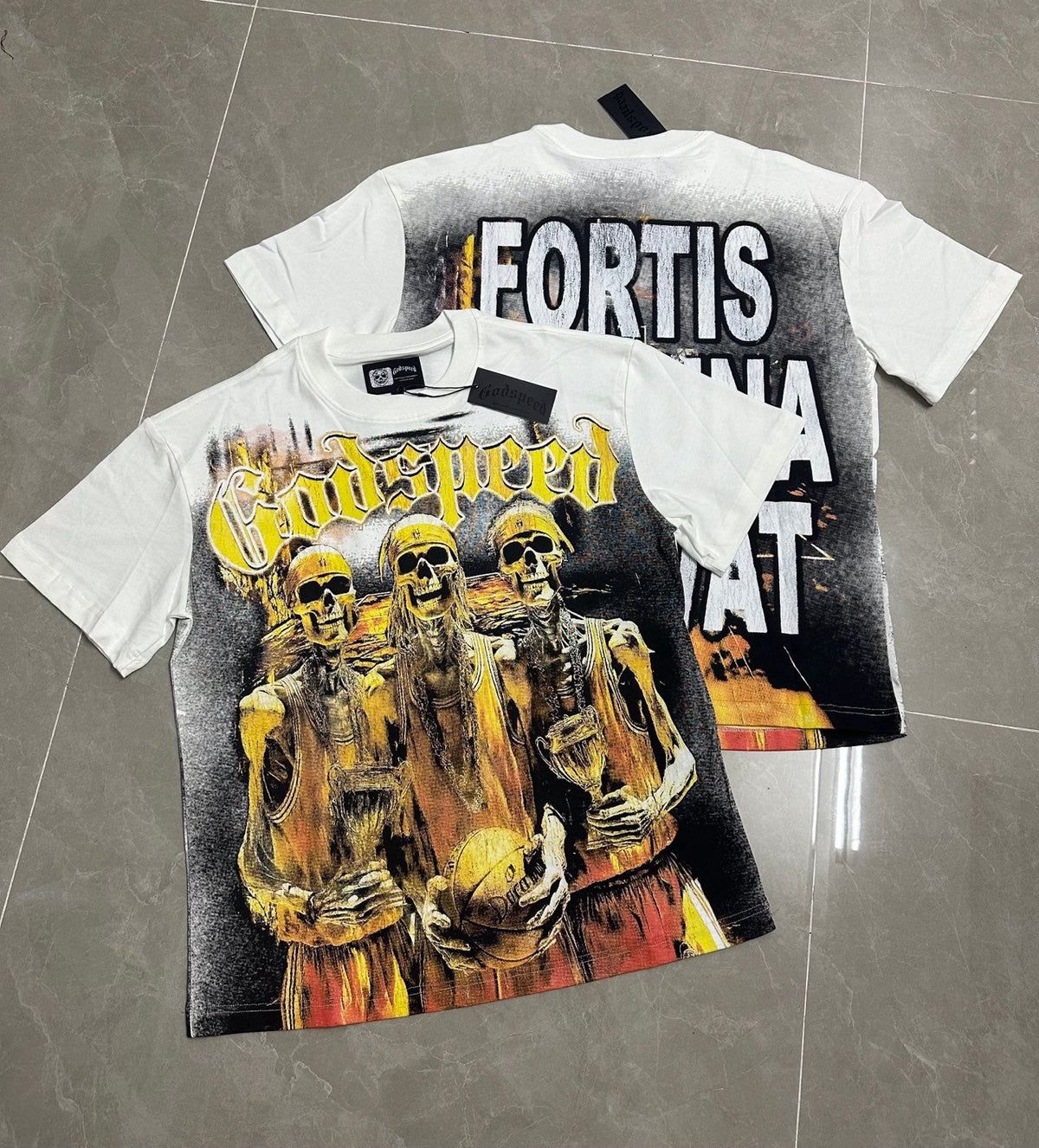 Godspeed Skeleton Basketball Champions Vintage Short‑Sleeve Tee (White)