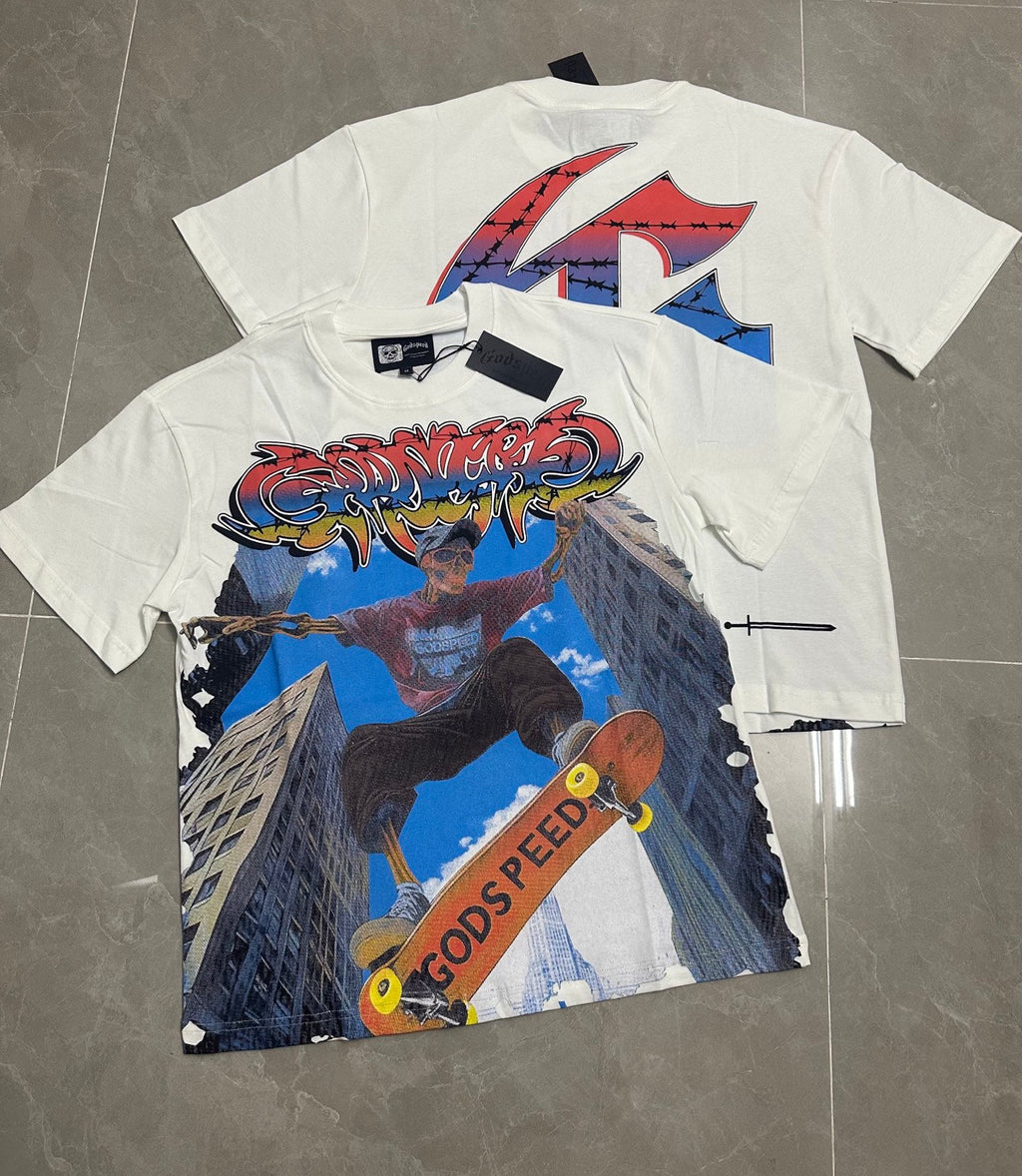 Godspeed Skeleton Skater City Vintage Short‑Sleeve Tee (White)