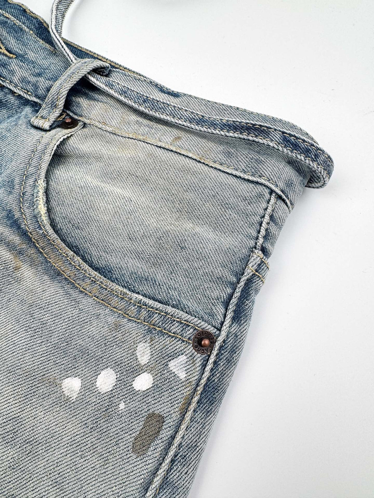Acne Studios Paint‑Splatters Distressed Wide‑Leg Denim Jort Shorts