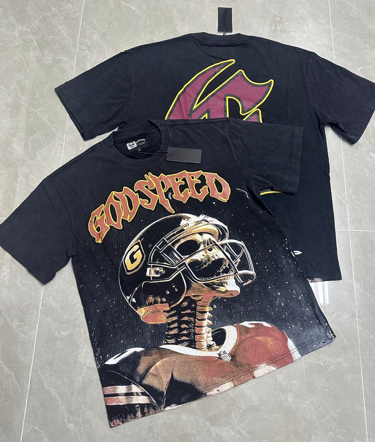 Godspeed Football Skeleton Vintage Short‑Sleeve Tee (Washed Black)