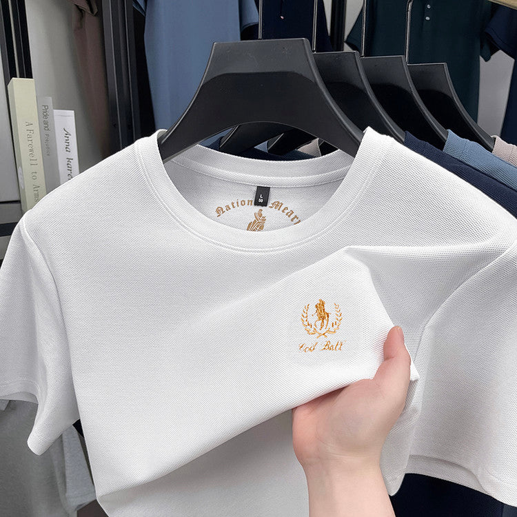 Men's Crew Neck Pique T‑Shirt, Golden Wreath Horse Embroidery Short‑Sleeve Casual Top