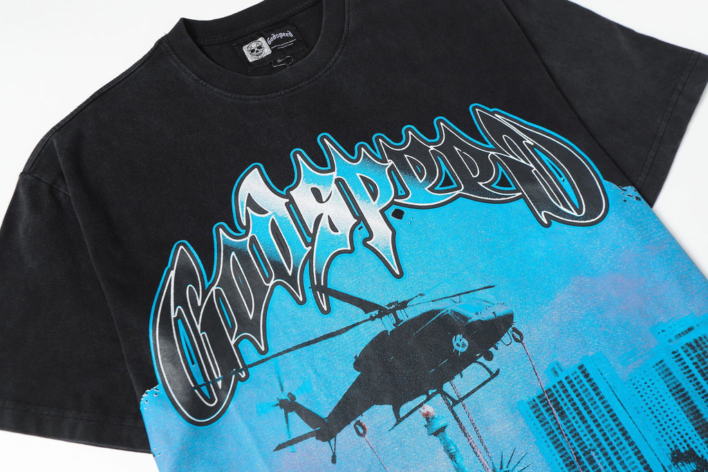 Godspeed Helicopter City Skyline Vintage Graphic Tee