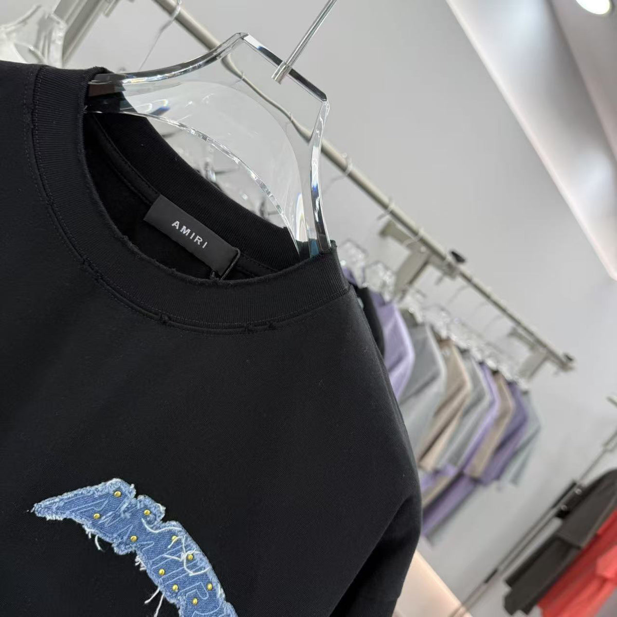 AMIRI Denim Rivet Patchwork Front & Back Graphic Crew Neck Short‑Sleeve T‑Shirt