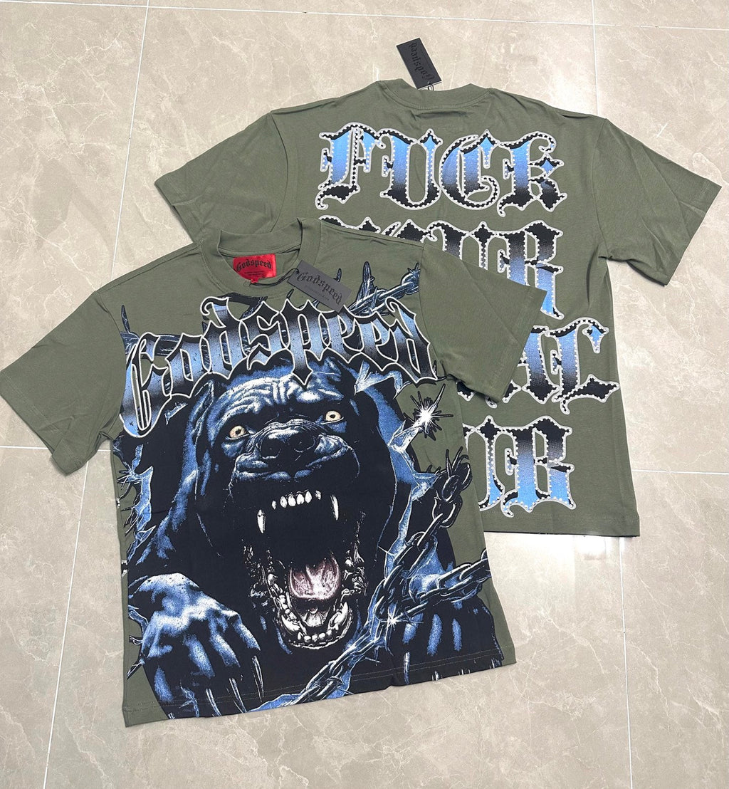Godspeed Roaring Pitbull Vintage Short‑Sleeve Tee (Olive Green)