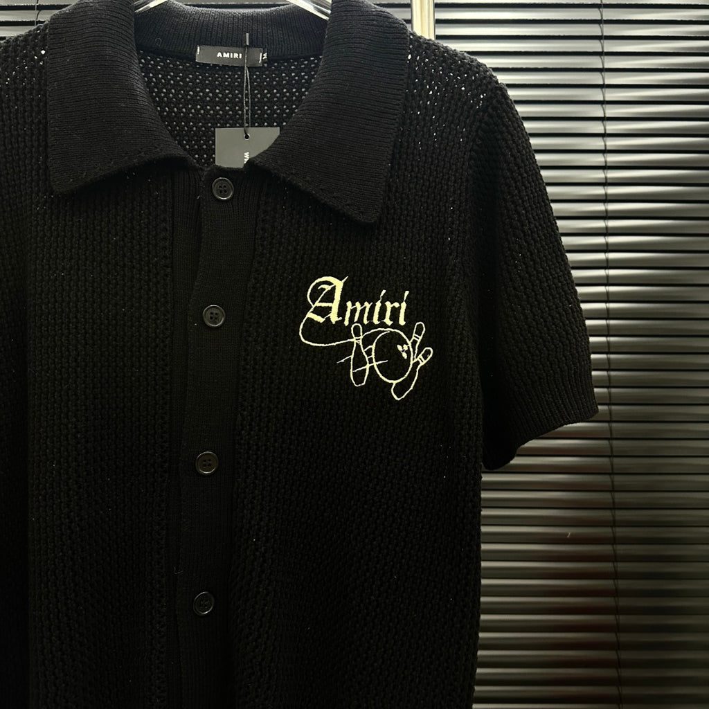 AMIRI Gothic Script Embroidered Short‑Sleeve Knit Cardigan