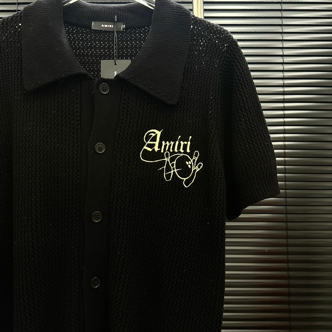 AMIRI Gothic Script Embroidered Short‑Sleeve Knit Cardigan