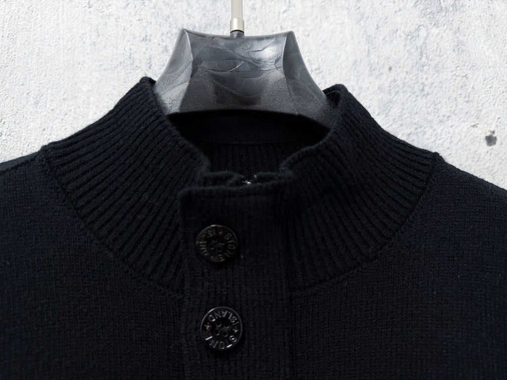 Stone Island Wool Knit Half-Button Mock Neck Sweater with Compass Badge on Sleeve