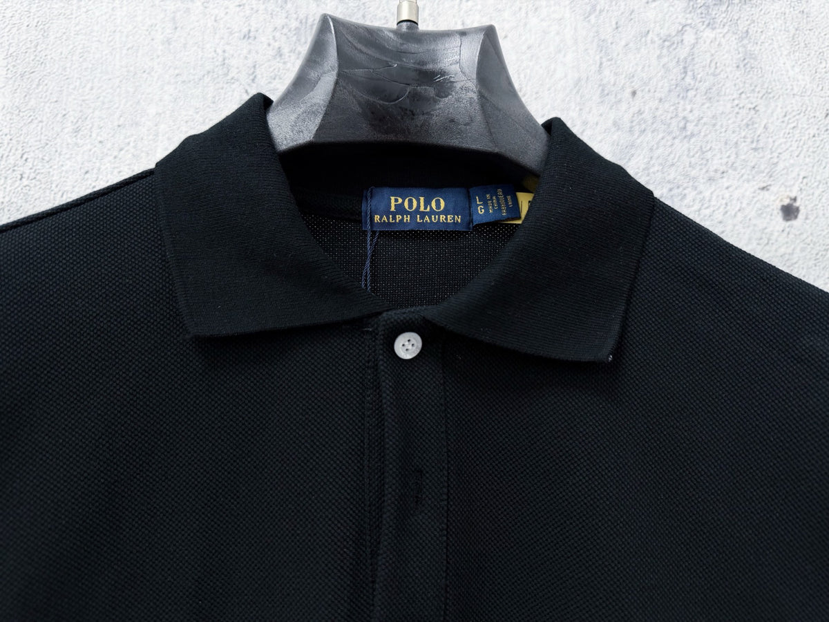 Men's Pique Knit Short‑Sleeve Polo Shirt Small Horse Embroidery Solid Black Casual Top