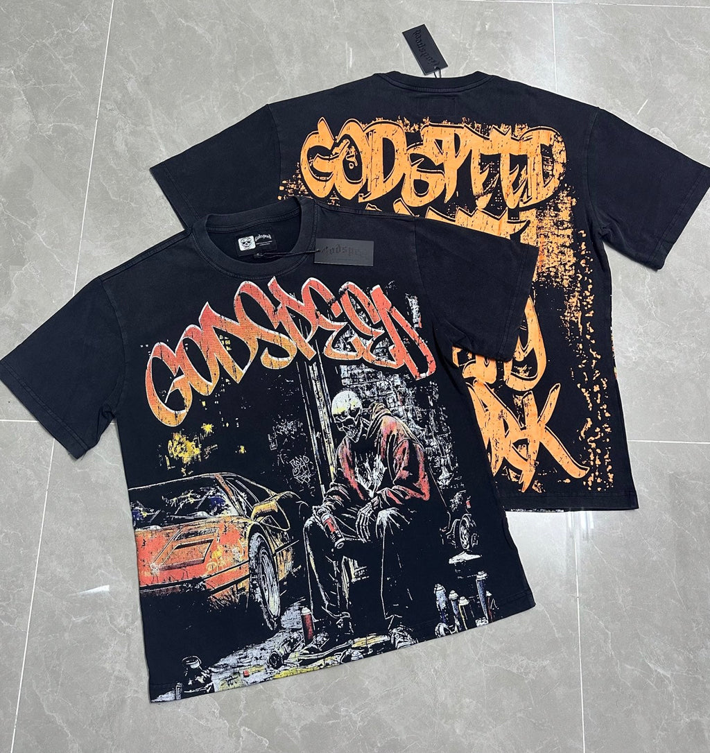 Godspeed Night City Skeleton Sports Car Vintage Short‑Sleeve Tee (Washed Black)