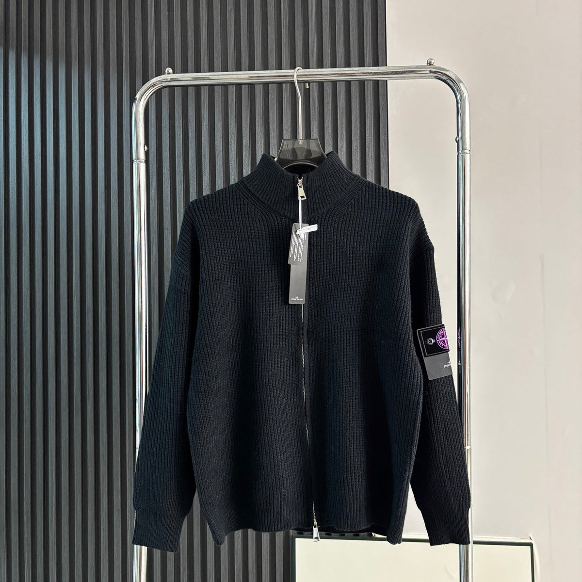 Stone Island Chunky-Rib Full-Zip Knit Cardigan with Compass Badge