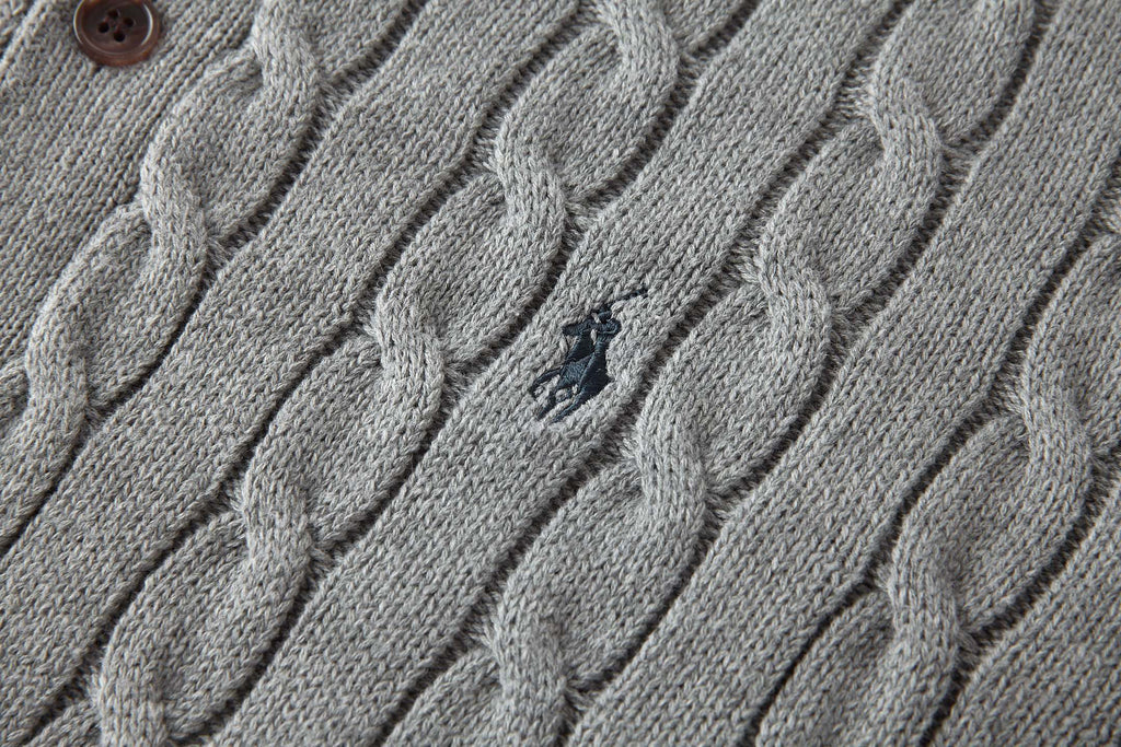Polo Ralph Lauren Men’s Cable‑Knit Collared Button‑Up Cardigan With Navy Pony Embroidery