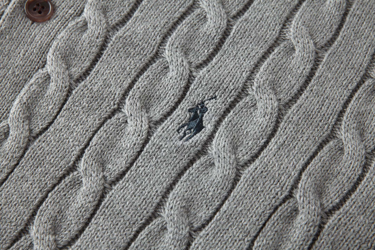 Polo Ralph Lauren Men’s Cable‑Knit Collared Button‑Up Cardigan With Navy Pony Embroidery