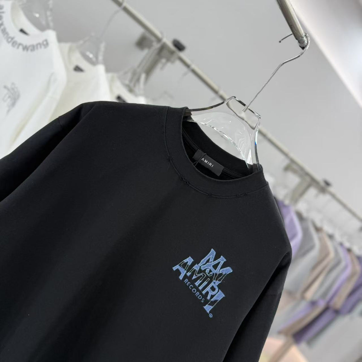 AMIRI Records Denim Patch Applique Back Graphic Crew Neck Short‑Sleeve T‑Shirt