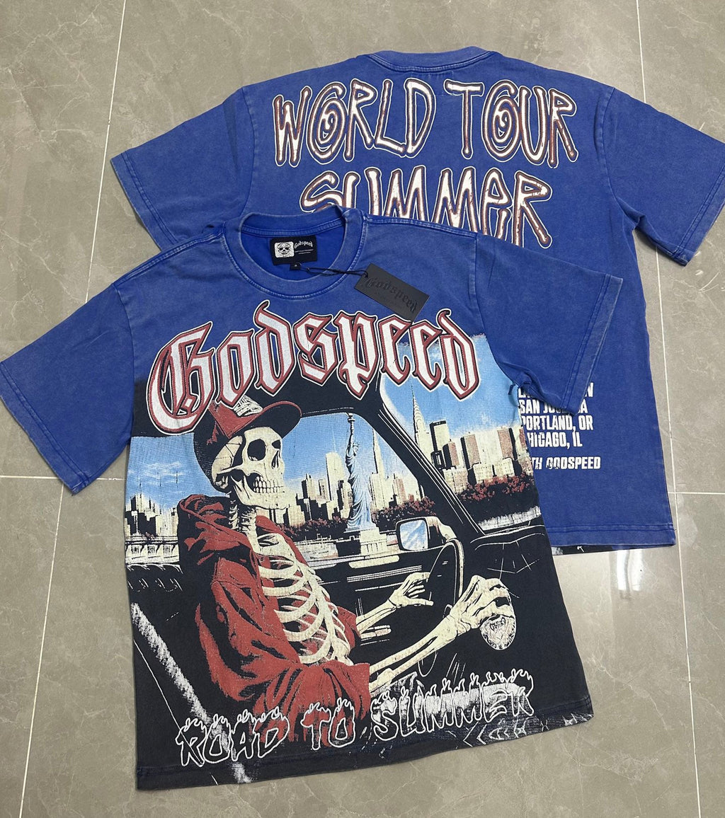 Godspeed NYC Skeleton Driver Vintage Wash Short‑Sleeve Tee (Washed Blue)