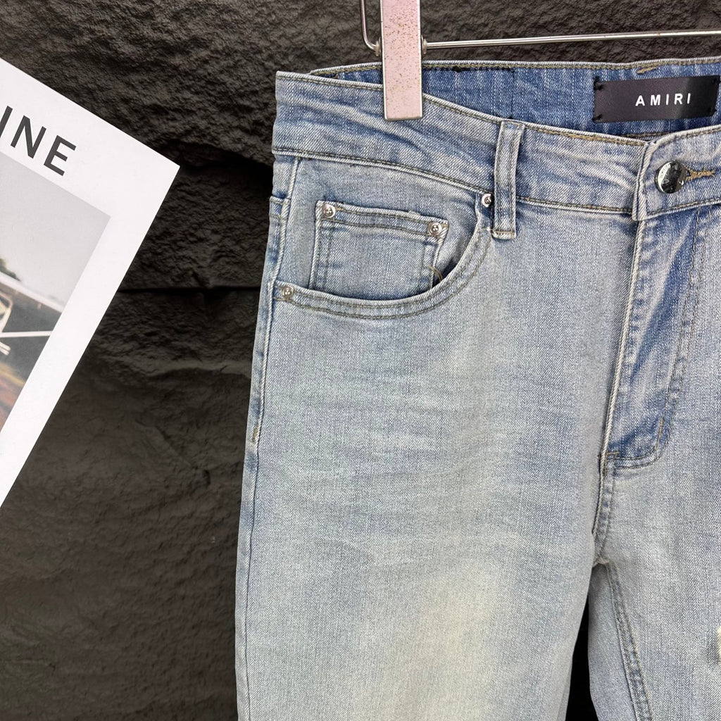 AMIRI White Ribbed Patch Distressed Slim‑Fit Denim Jeans