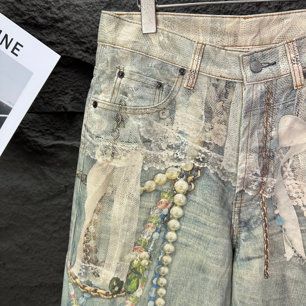 Acne Studios Vintage Pearl‑Lace Print Wide‑Leg Jeans