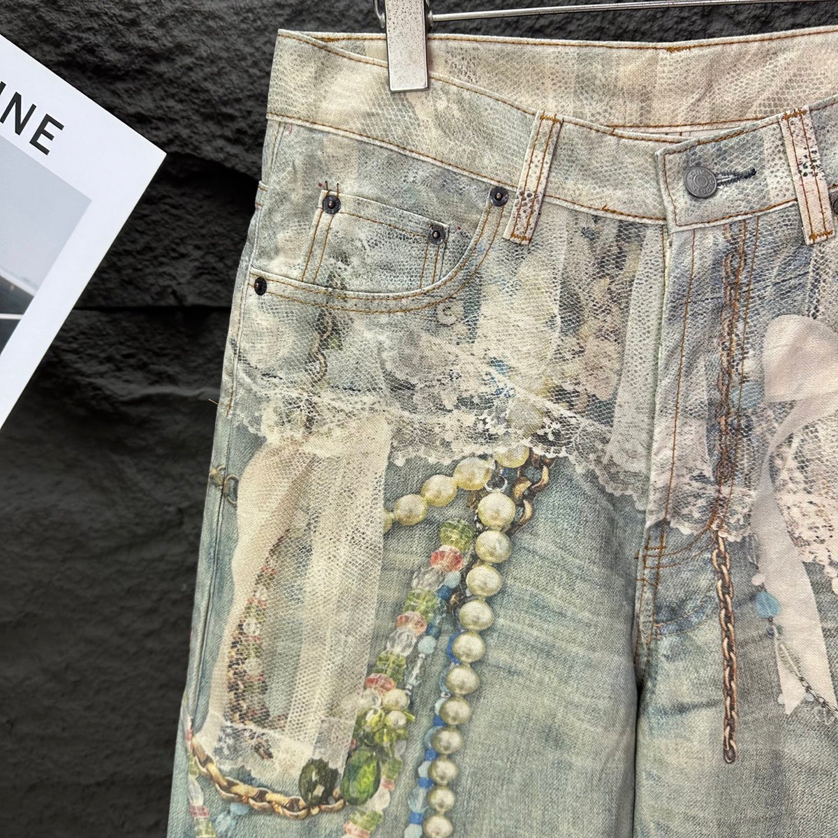 Acne Studios Vintage Pearl‑Lace Print Wide‑Leg Jeans