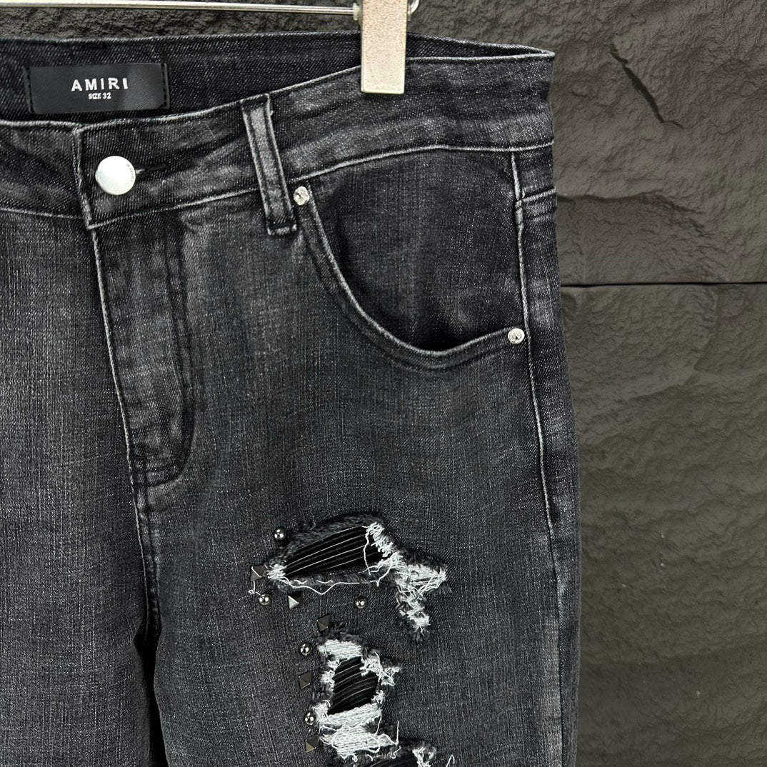 AMIRI Studded Multi‑Rip Distressed Slim‑Fit Denim Jeans